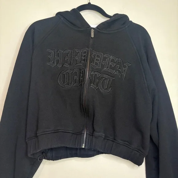 Hidden Cult‎ Black Embroidered Zip Hoodie XXL Gothic Crop 100